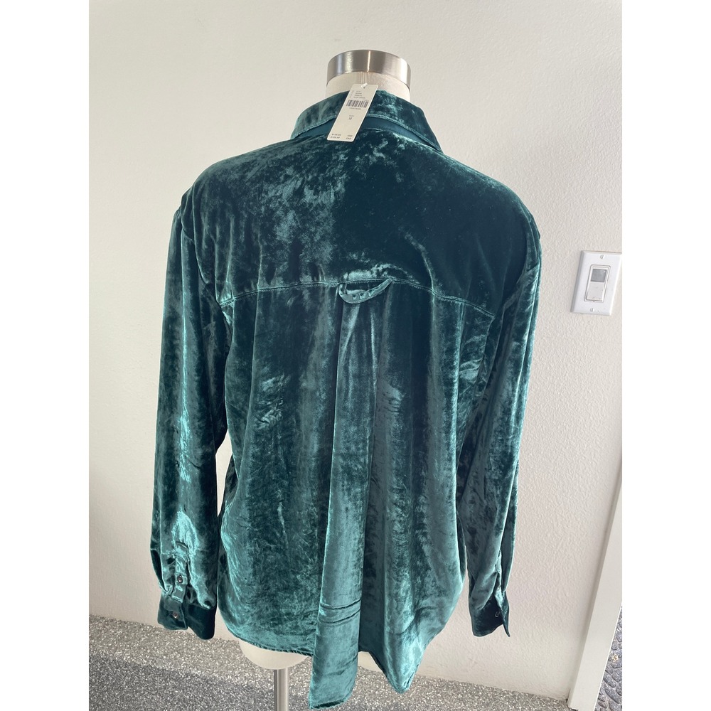 NEW Pilcro Anthropologie Womens Medium Dark Green Velvet Ruffle Button Up Shirt - Picture 9 of 10